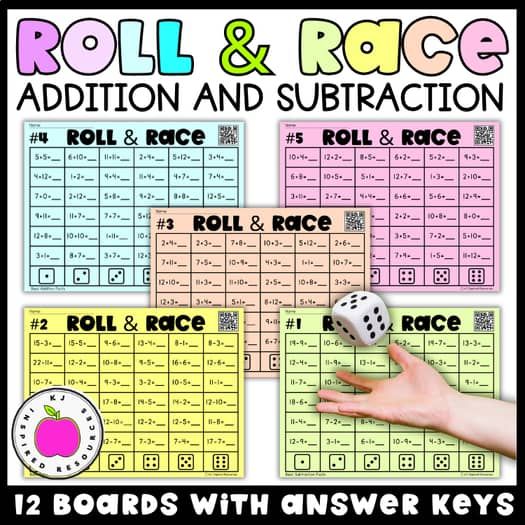 roll and race addition and subtraction game with two hands holding up dices