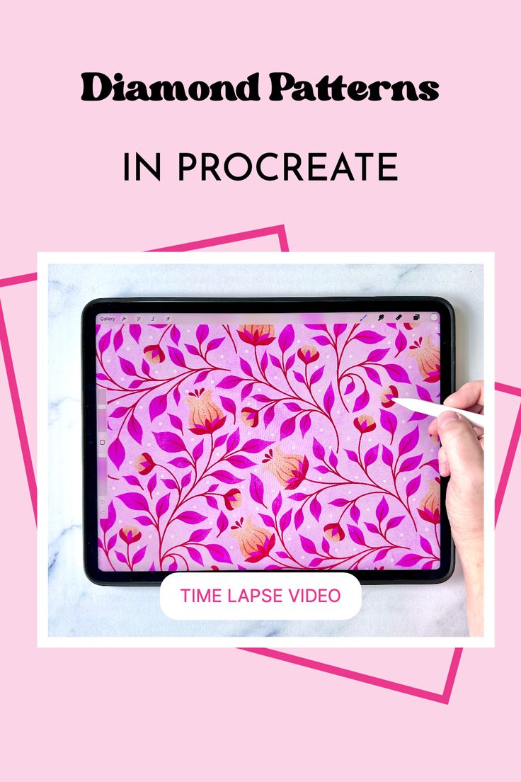 a person using a pen to draw flowers on a pink background with the text, diamond patterns in procreate time laps video