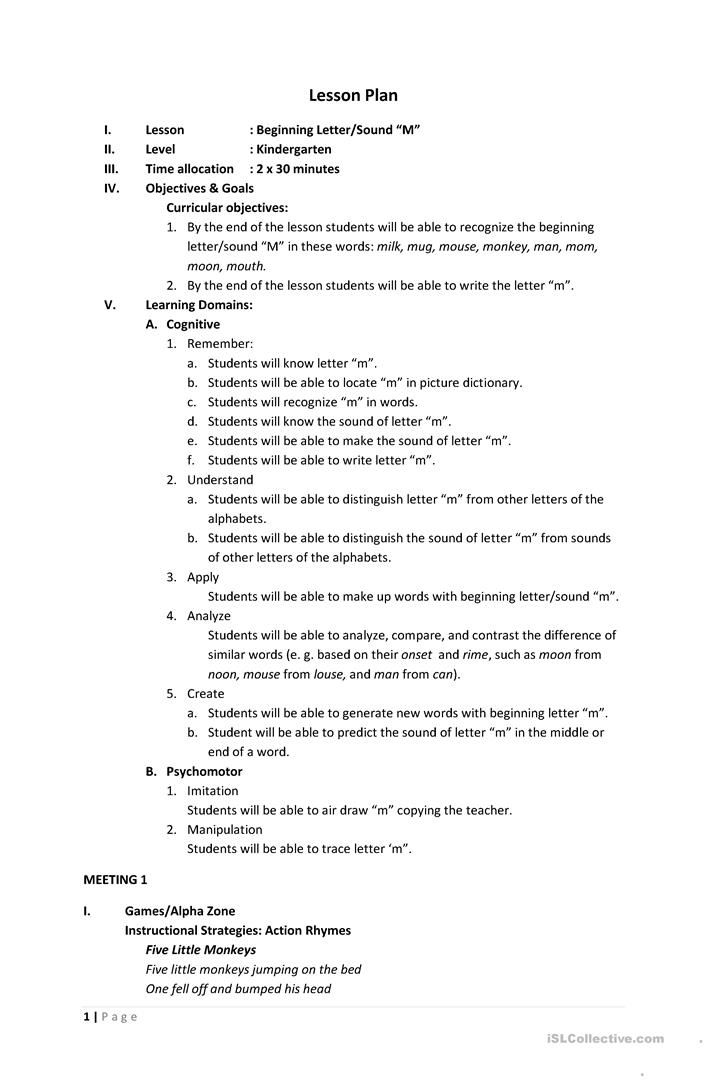 the lesson plan is shown in black and white, with an outline for each section