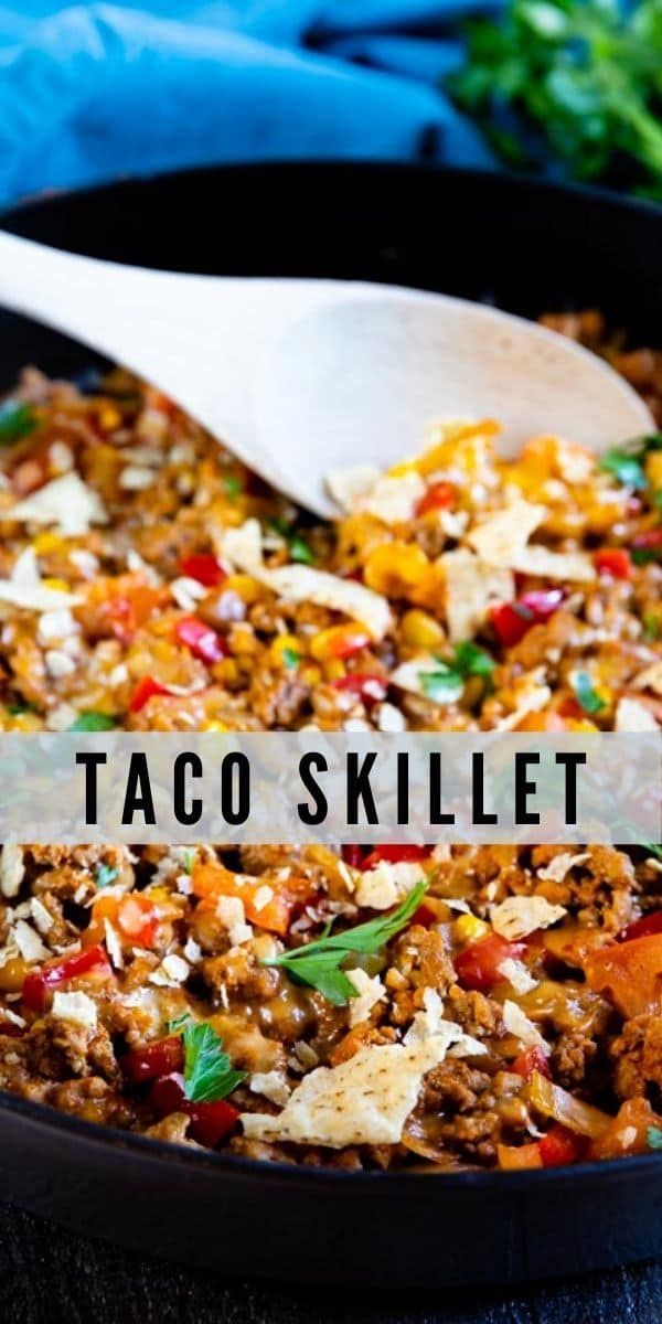 a skillet filled with taco meat and vegetables