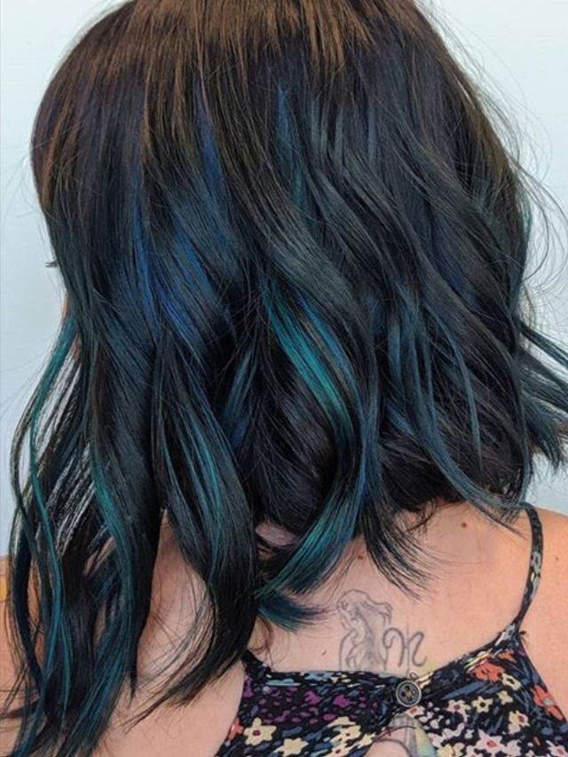 Dark Green Blue Hair, Dark Brown Hair With Teal Highlights, Dark Hair With Teal Highlights, Blue Highlights In Dark Brown Hair, Dark Brown With Blue Highlights, Blue Lowlights In Brown Hair, Teal Highlights In Brown Hair, Dark Brown Hair With Pink, Brown Hair With Ashy Highlights