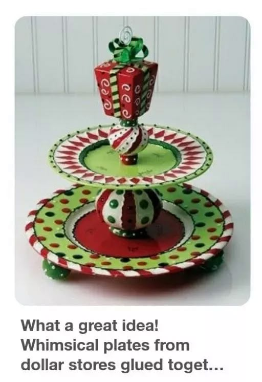 three tiered trays with christmas decorations on them and the words what a great idea whimsical plates from dollar stores glued together