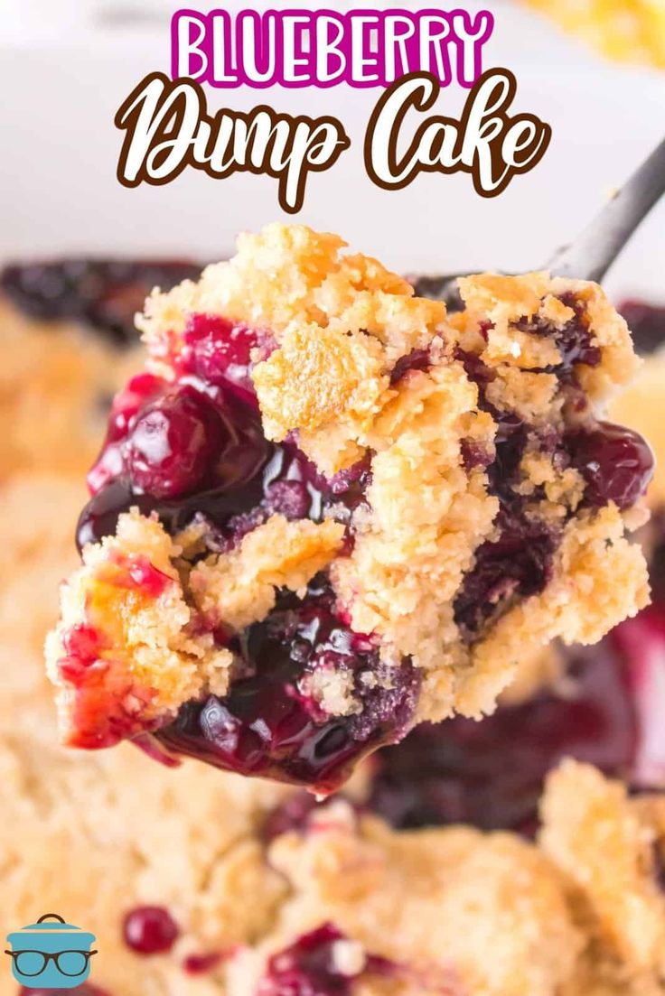 blueberry dump cake on a spoon with the title above it