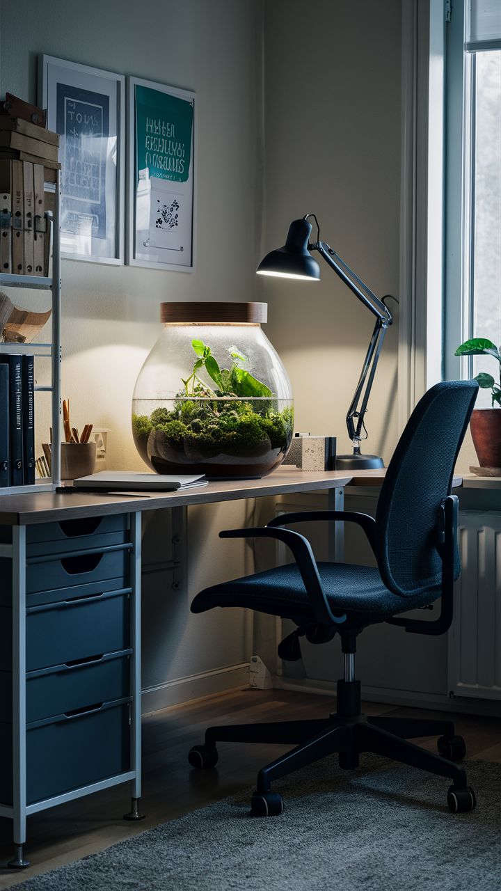 a desk with a lamp and some plants on it