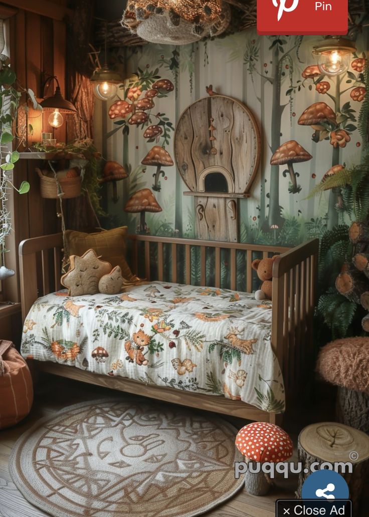 a room with a bed, rug and mushrooms on the wall