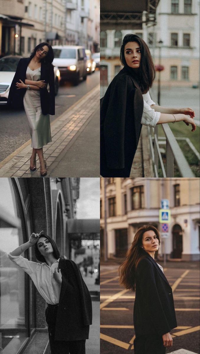 four photos of women in black and white outfits, one is posing for the camera