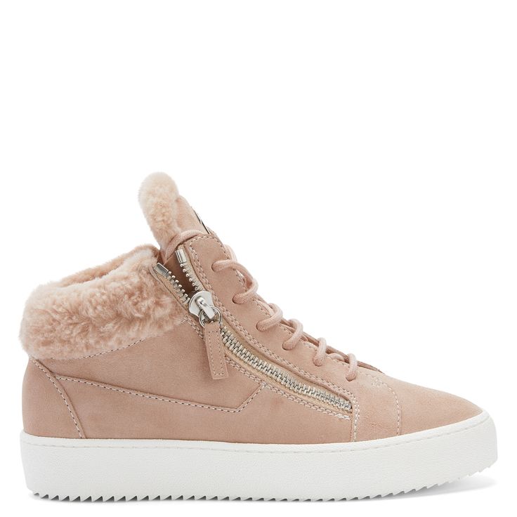 Mid-top sneakers, crafted from pink velour with matching sheepskin inner lining and tone-on-tone cotton laces, featuring a silver metal 'Signature' detail on the tongue and silver side zipper fastenings on the upper, a white rubber sole gives the design a perfect finish. Denim Sneakers, Mid Top Sneakers, Giuseppe Zanotti Shoes, Brown Sneakers, Mid Top, Best Amazon, Latest Sneakers, Sneakers Blue, Pink Suede