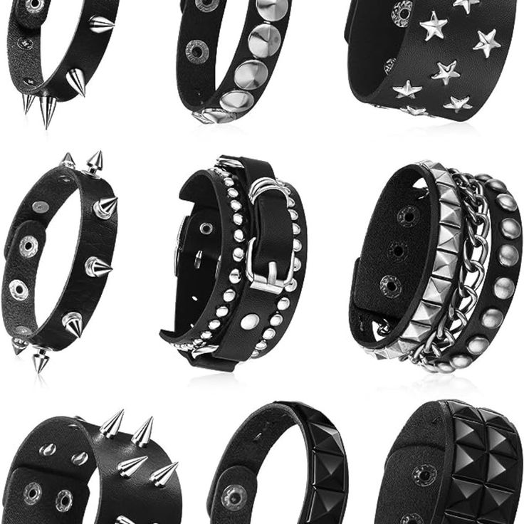 9 Pieces Spiked Studded Bracelet Black Leather Rivet Punk Bracelet Cuff Wrap Bangle Snap Button Metal Wristband For Men Women Edgy Black Cuff Bracelet With Rivets, Punk Style Adjustable Cuff Bracelet With Rivets, Punk Adjustable Cuff Bracelet With Rivets, Adjustable Punk Cuff Bracelet With Rivets, Adjustable Punk Cuff Bracelet With Black Band, Adjustable Black Band Punk Cuff Bracelet, Adjustable Black Punk Wristband, Adjustable Black Cuff Bracelet Punk Style, Adjustable Black Punk Cuff Bracelet