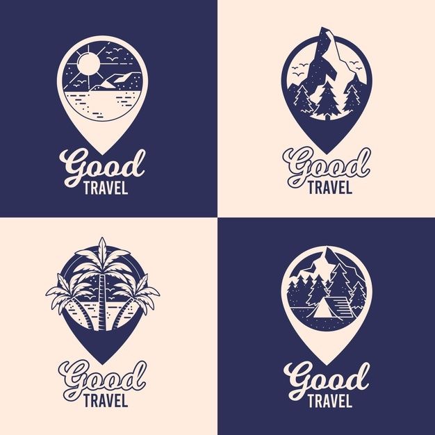 four different logos with the words good travel and palm trees on them in blue, white and