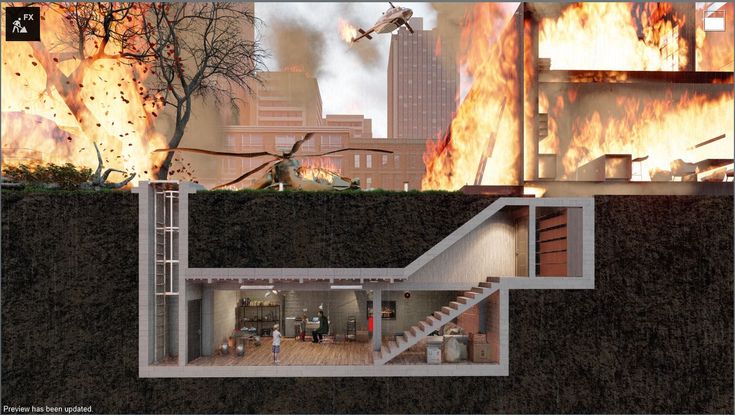 an architectural rendering of a house on fire