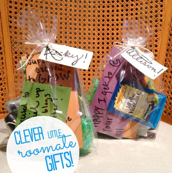 two small bags filled with different types of gift wrapped in cellophane and plastic