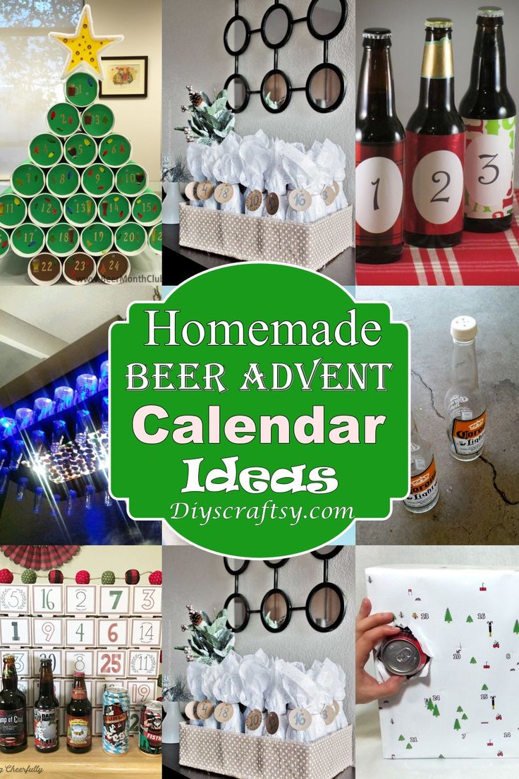 a collage of beer and wine themed items for the home made beer advent calendar