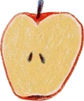 an apple cut in half with eyes drawn on it