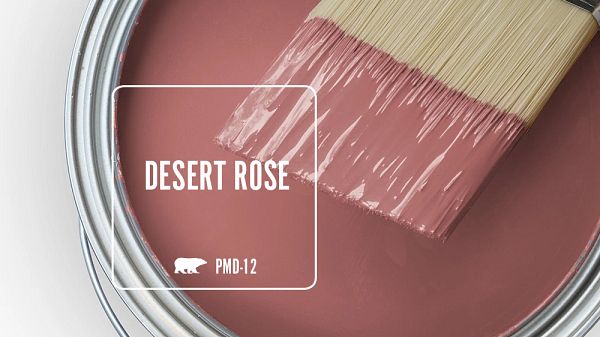 a paint can with a brush in it and the words desert rose painted on it