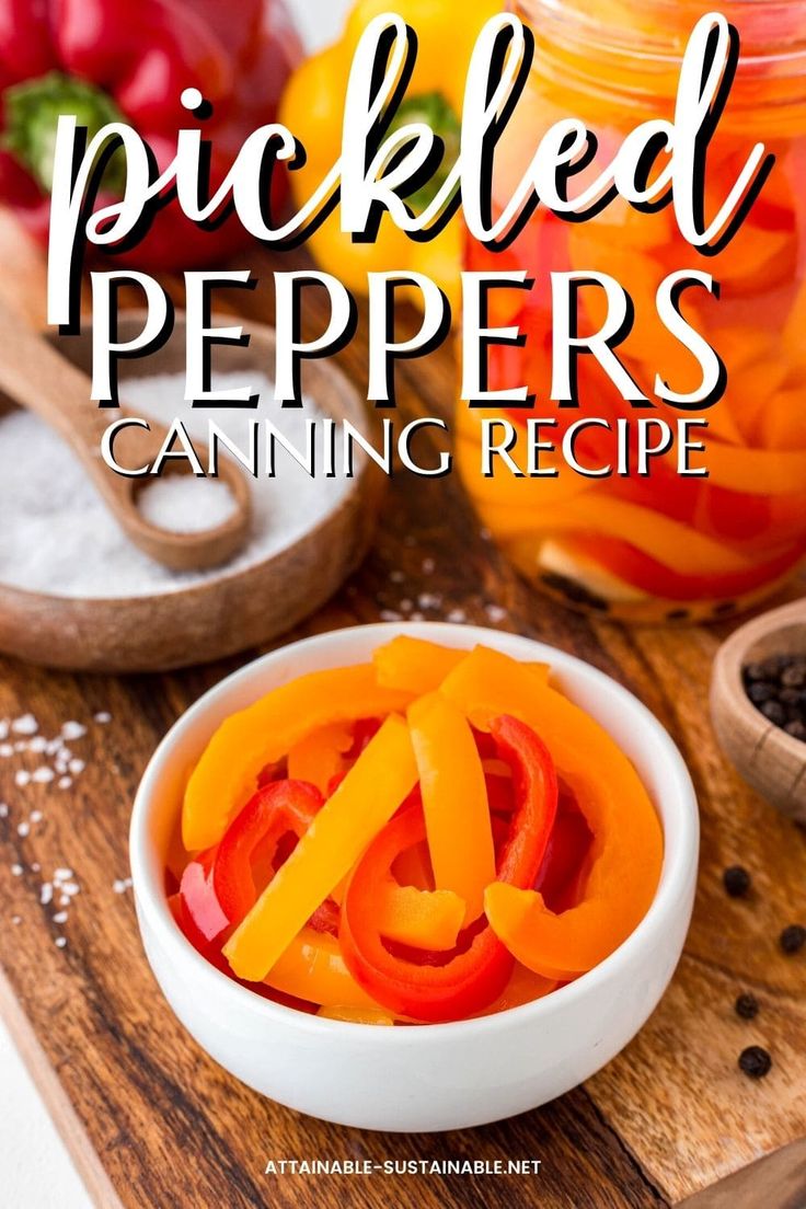 pickled peppers sitting in a white bowl on top of a cutting board next to other vegetables