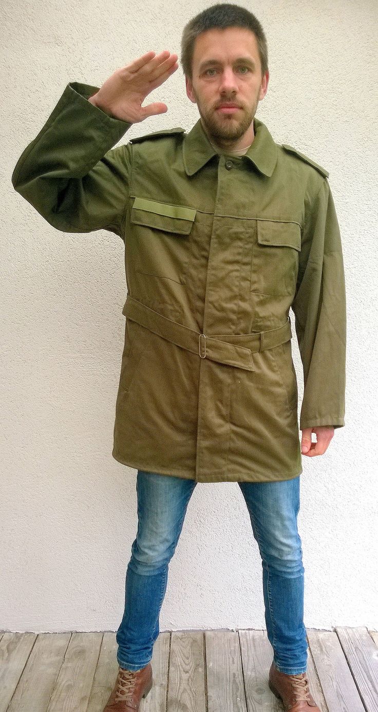 "Military camouflage green jacket, army khaki jacket, olive green coat, field jacket, outdoor jacket, men military uniform, authentic military XL/L Comfortable and good looking outdoor authentic military jacket with zipper closure. Jacket has two chest pockets and two side pockets. There is place to stick your name on chest pocket. Size: seems like women (XL) and men (L) PLEASE CHECK ALL MEASUREMENTS BELLOW Length: 82 cm/ 32\" Shoulder to shoulder: 52 cm/ 21\" Sleeve: 63 cm/ 25\" Chest: 110 cm/ Military Style Long Sleeve Khaki Outerwear, Military Style Khaki Outerwear With Multiple Pockets, Khaki Military Outerwear With Multiple Pockets, Combat Style Khaki Outerwear With Multiple Pockets, Military Style Hunting Outerwear With Multiple Pockets, Combat Style Khaki Outerwear With Cargo Pockets, Combat Outerwear With Cargo Pockets In Khaki, Khaki Military Utility Jacket With Multiple Pockets, Combat Style Khaki Long Sleeve Windbreaker