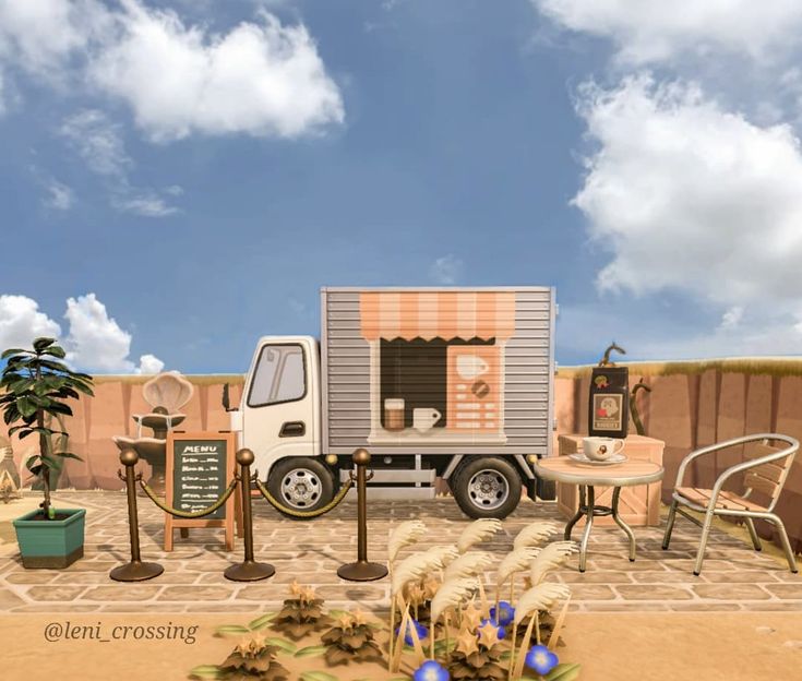 a truck parked in the middle of a desert with palm trees and other items around it