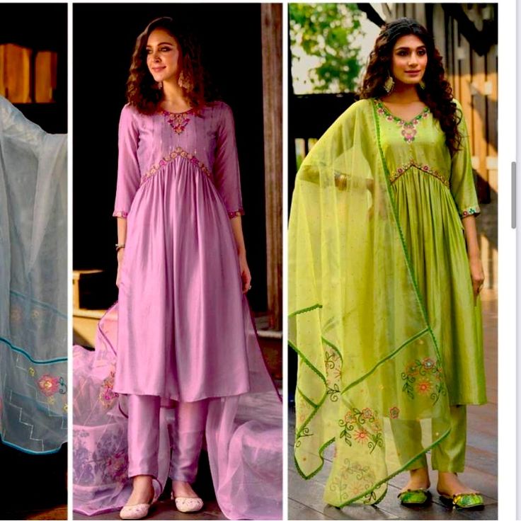 Alia Readymade Designer Fancy Cut Kurti With Pant And Dupatta - Embriodary & Handwork On Super Silk Fabric Alia Kurti With Inner - Super Silk Pants With Inner. Pocket On Both Sides - Embroidered Organza Dupatta Color- Light Green Size 42 New With Tag. Spring Sharara With Dupatta, Spring Sharara With Dabka Work, Spring Palazzo Set With Dabka Work, Bollywood Style Sets With Sheer Dupatta For Spring, Summer Silk Sets In Purple, Purple Silk Sets For Summer, Purple Salwar Kameez For Spring Wedding, Bollywood Sets With Traditional Drape For Spring, Spring Festive Purple Salwar Kameez