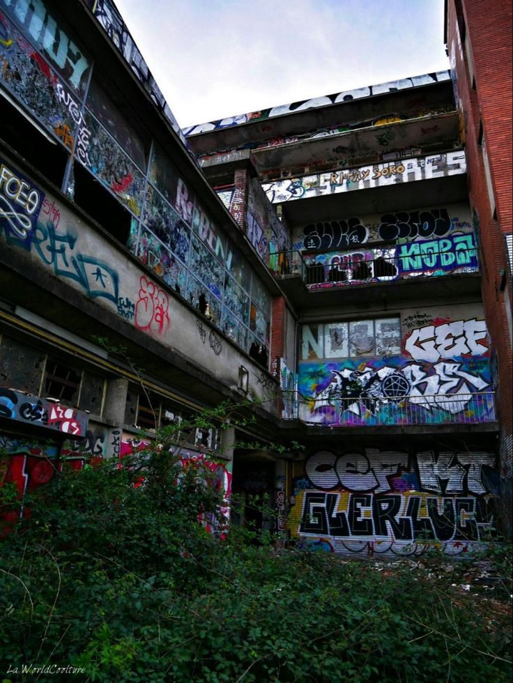 an abandoned building with graffiti all over it's walls and windows, along with overgrown vegetation