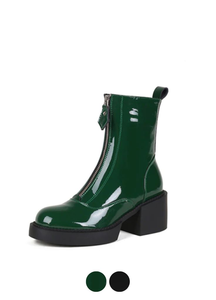 Trendy Green Fall Boots, Green Round Toe Martin Boots For Winter, Green Winter Martin Boots With Round Toe, Green Leather Martin Boots For Winter, Green Leather Martin Boots For Fall, Green Platform Boots For Fall, Green Ankle-high Martin Boots For Winter, Green Platform Boots With Round Toe For Winter, Patent Leather Boots With Zipper And Round Toe