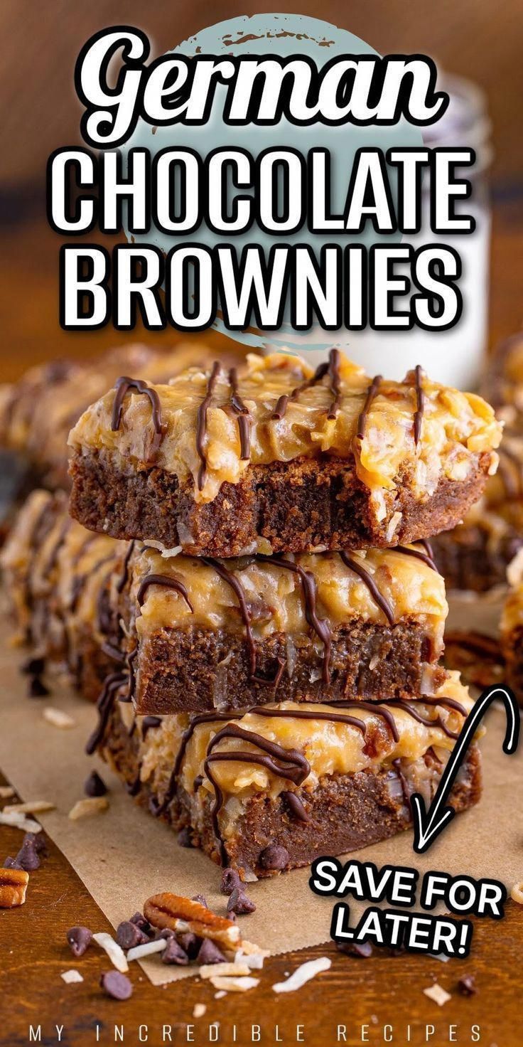 german chocolate brownies are stacked on top of each other