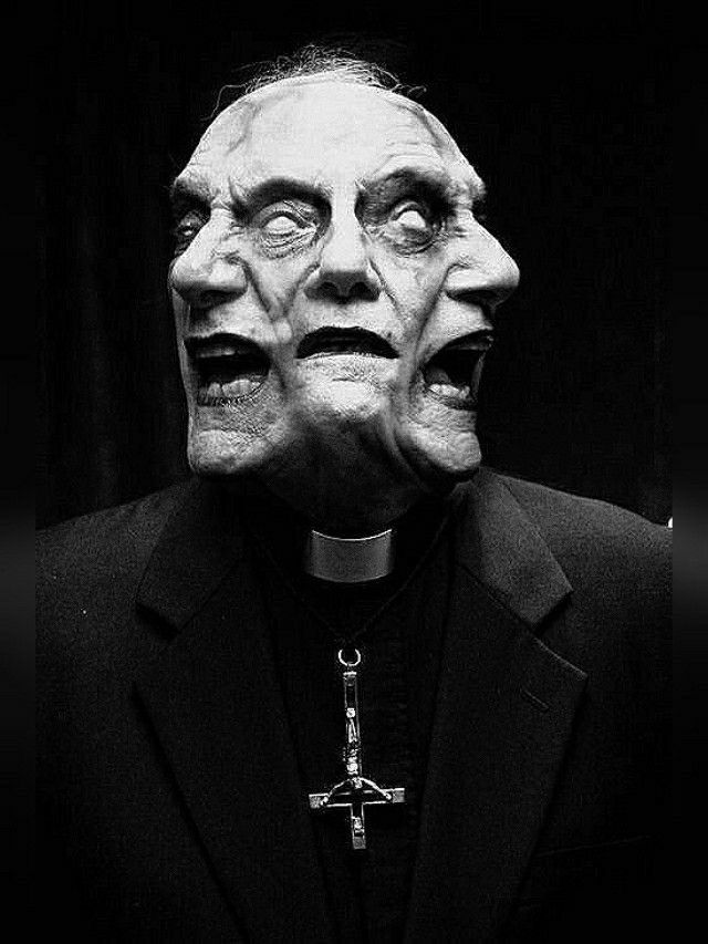 two creepy men with their mouths open in front of them, one wearing a priest's outfit