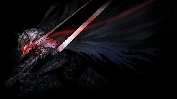 a dark knight with two large swords in his hand and red light coming from behind him