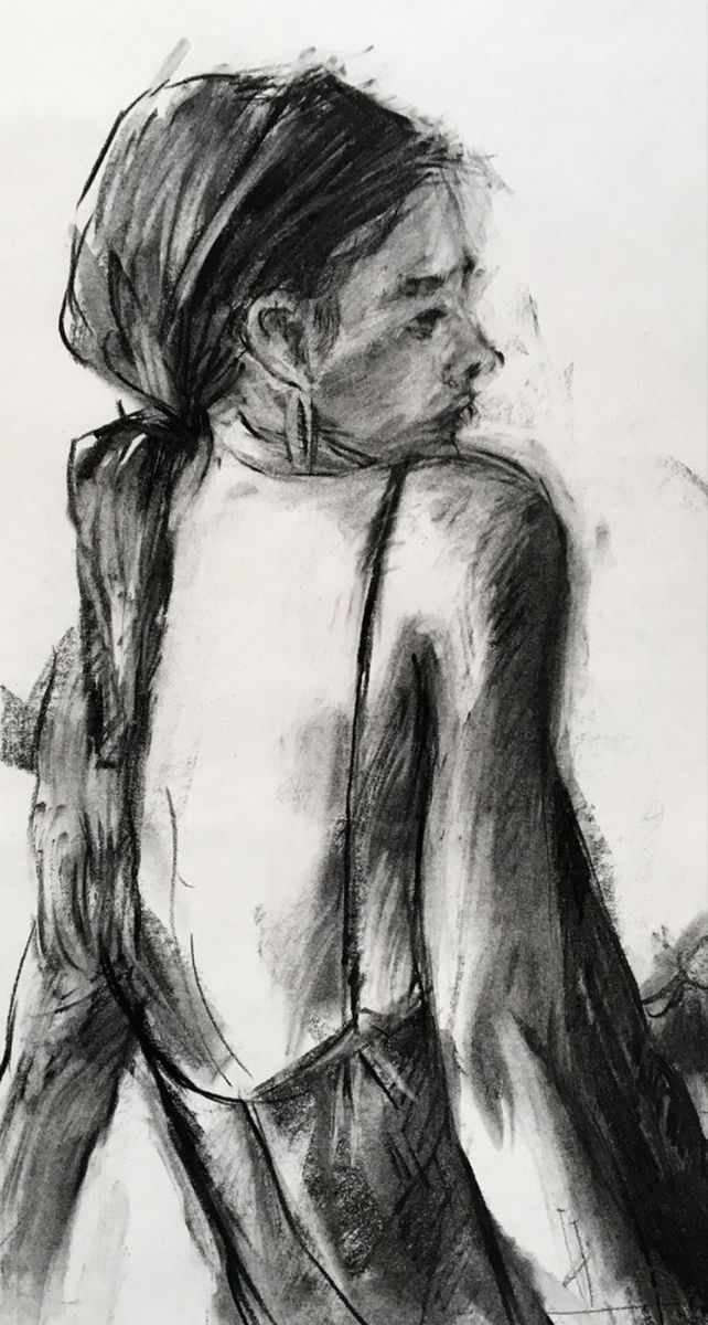 a black and white drawing of a woman with her back turned to the camera,