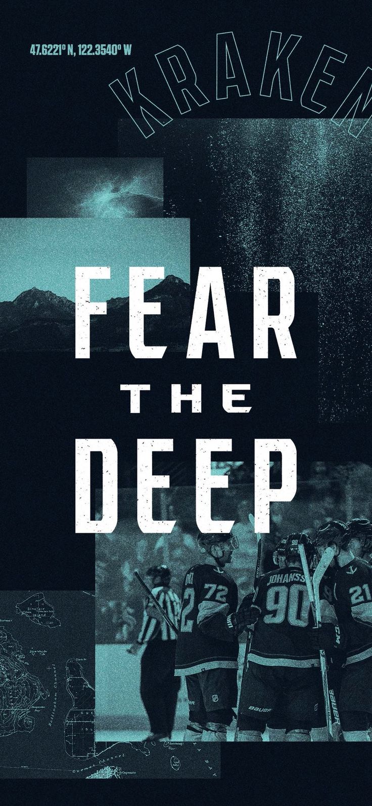 a poster with the words fear the deep on it and hockey players in black and white