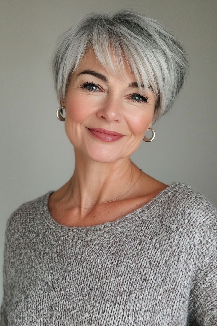 Fall Hair Inspiration, Pixie Hairstyles For Older Women, Pixie Cut With Long Bangs, Sassy Hairstyles, Short Stacked Hair, Long Side Bangs, Long Pixie Hairstyles, Messy Bob Hairstyles, Hairstyles For Older Women