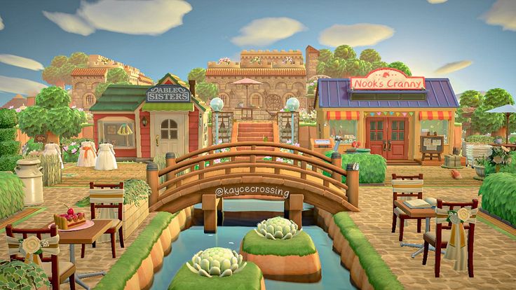 an animated rendering of a small town in the middle of a park with benches and tables