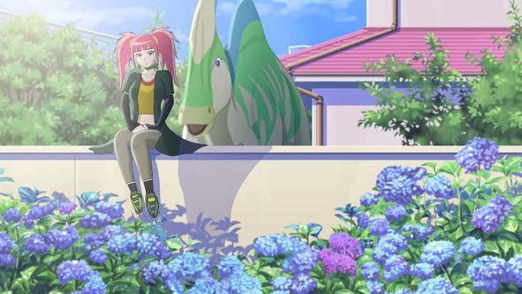 two anime characters sitting on a wall in front of some flowers and bushes with blue hydrants