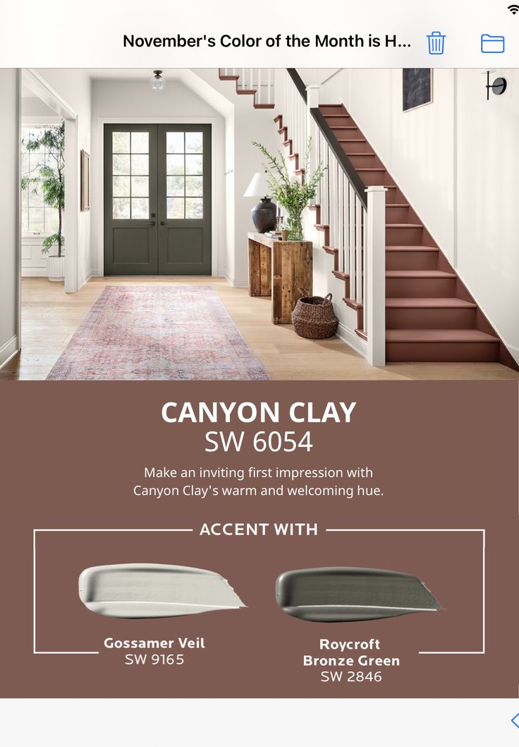 an advertisement for a new home with stairs and doors in brown, white and beige colors