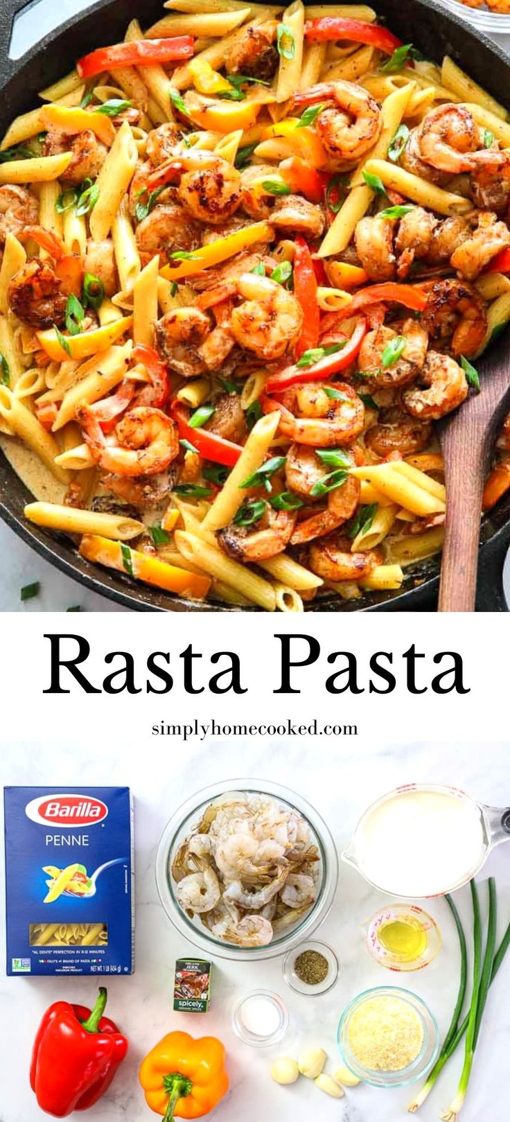 pasta with shrimp and peppers in a skillet, next to ingredients for the recipe