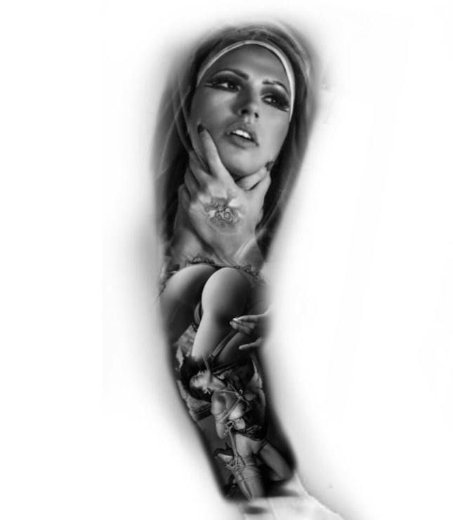 black and white photo of a woman with tattoos on her arm