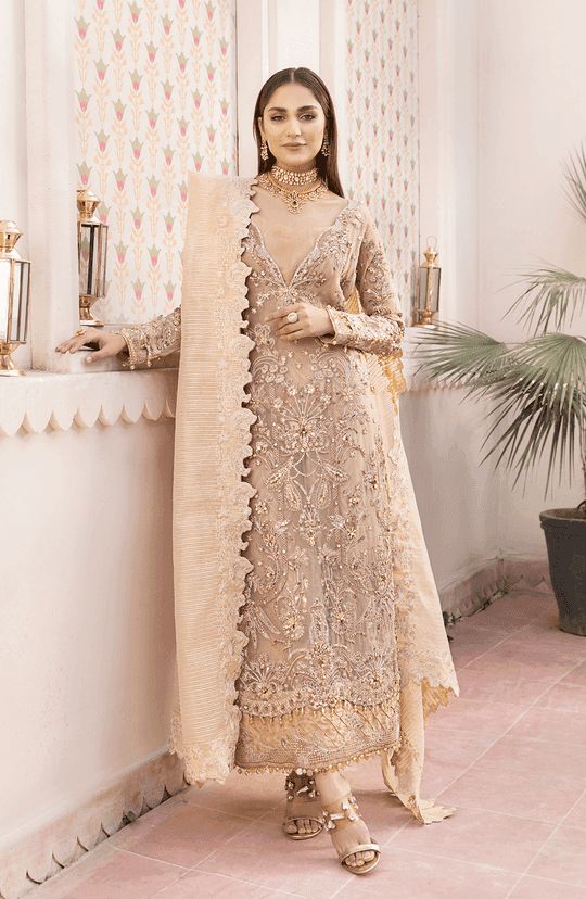 Maryum N Maria Beige Pakistani Party Wear| MFD-0100-Rangreza Outlet Wedding Dress Outfit, Pakistani Party Wear, Raw Silk Fabric, Organza Sleeves, Pakistani Wedding Dress, Readymade Saree, Chiffon Collection, Embroidered Organza, Luxe Wedding