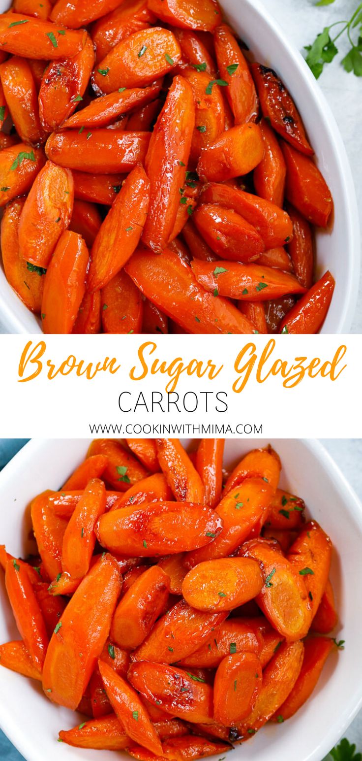 carrots in a white bowl with the words brown sugar glazed carrots on top