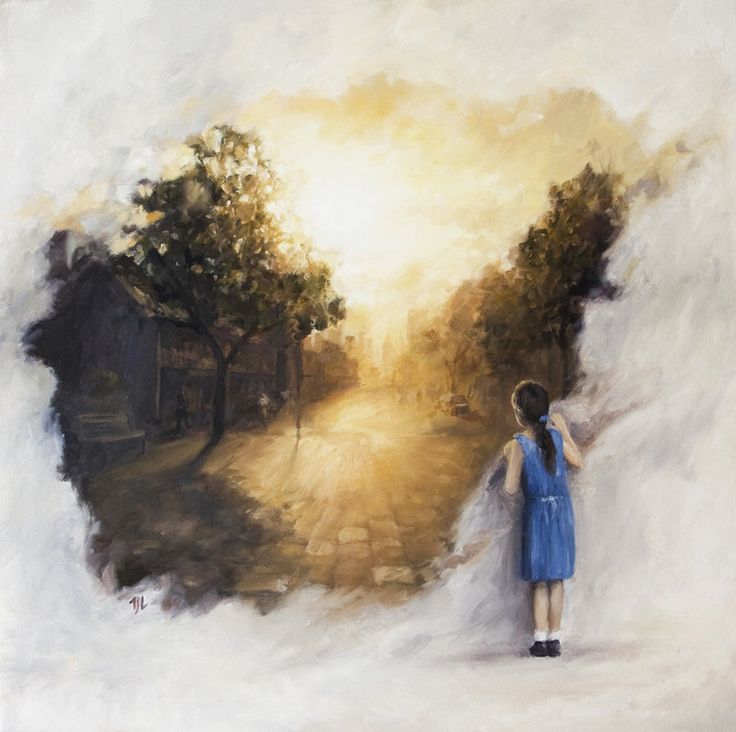 a painting of a woman in a blue dress looking at the sun through her eyes