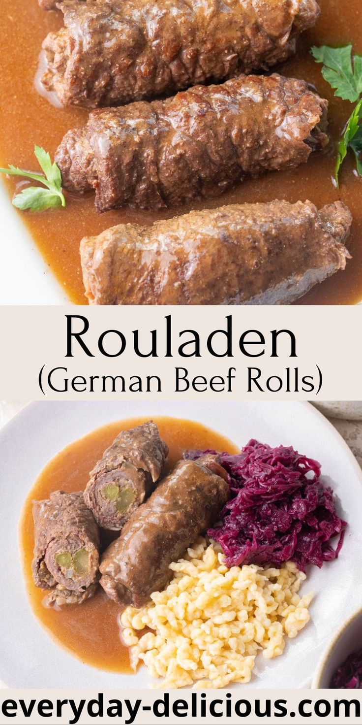 two pictures with different types of food on them and the words rouladen