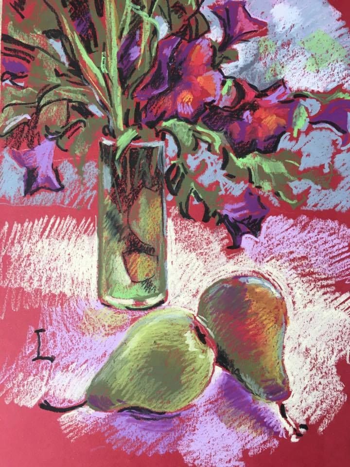 a painting of flowers and two pears in a vase on a pink tablecloth