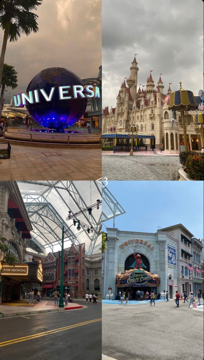 four different pictures of the same building and people walking around it, including an entrance to universal studios