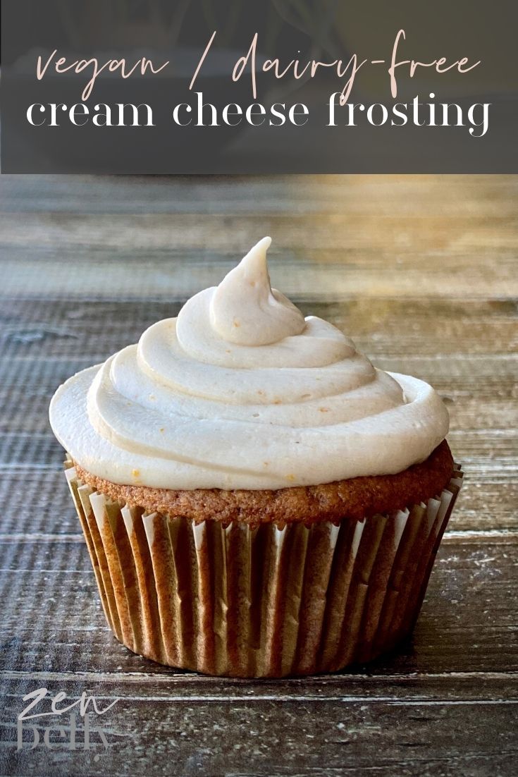 a cupcake with cream cheese frosting on top and the title vegan / dairy - free cream cheese frosting