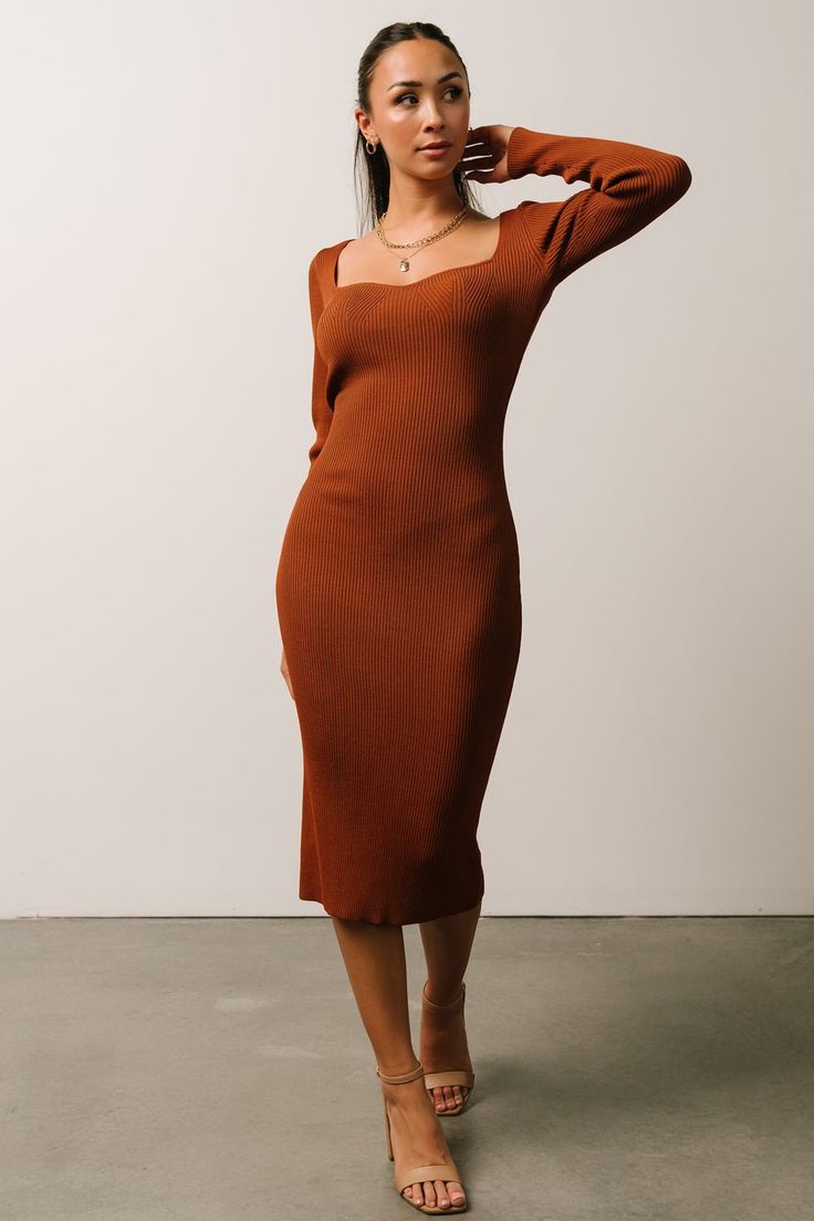 Brown Ribbed Stretch Midi Dress, Brown Stretch Ribbed Midi Dress, Brown Ribbed Dress For Date Night, Brown Ribbed Knee-length Midi Dress, Brown Bodycon Midi Dress For Fall, Brown Ribbed Stretch Dresses, Ribbed Brown Dress For Fall, Brown Ribbed Dress For Fall, Fitted Brown Ribbed Dress