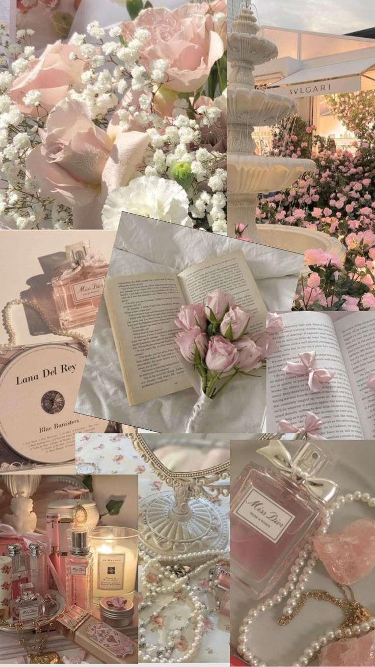 a collage of pink and white flowers, pearls, perfume bottles, and other items