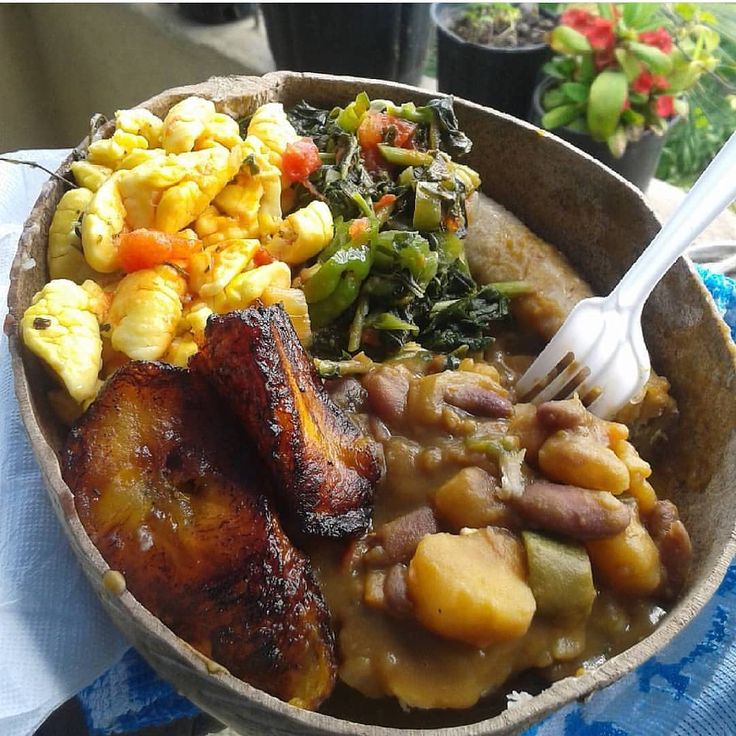 a bowl filled with meat and vegetables on top of a blue table cloth next to potted plants