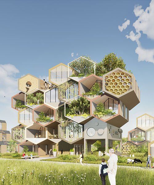 an artist's rendering of a building with lots of plants and people walking around it