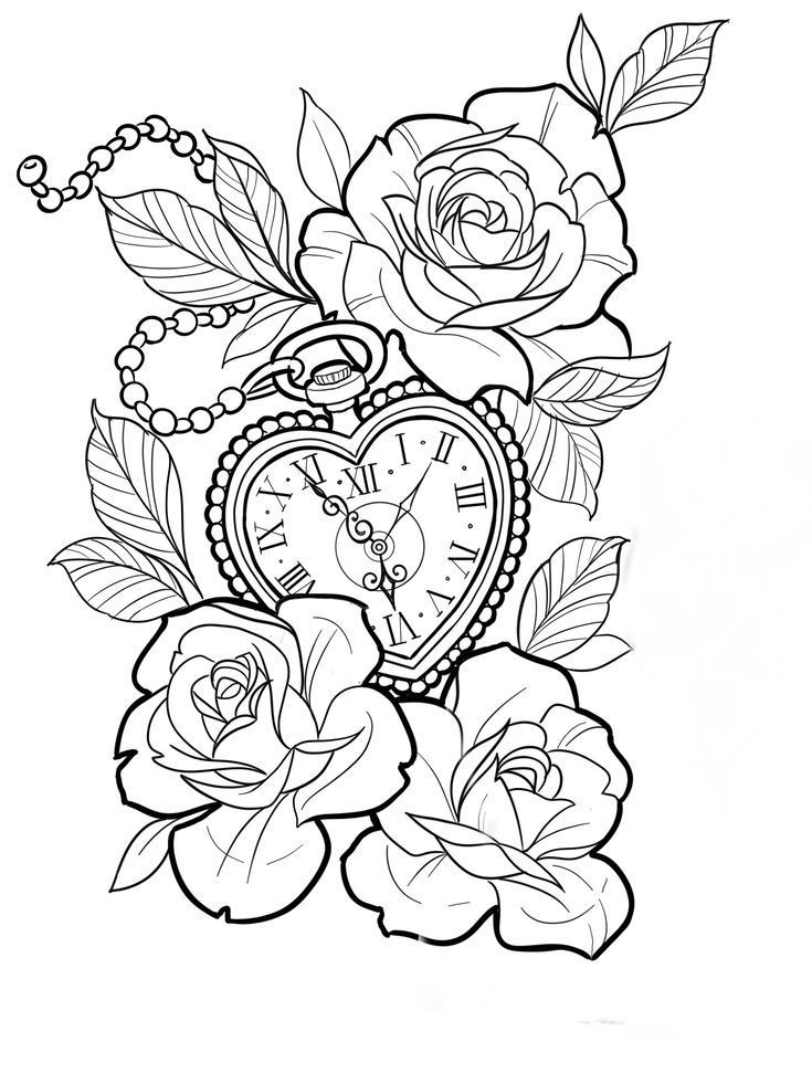 a coloring page with roses and a heart shaped pocket watch in the center, on a white background