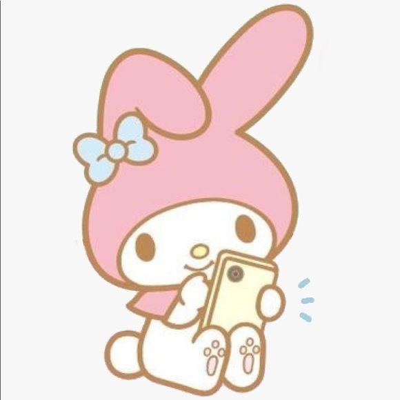 a hello kitty holding a cell phone in her hand and wearing a pink hat with a bow on it's head