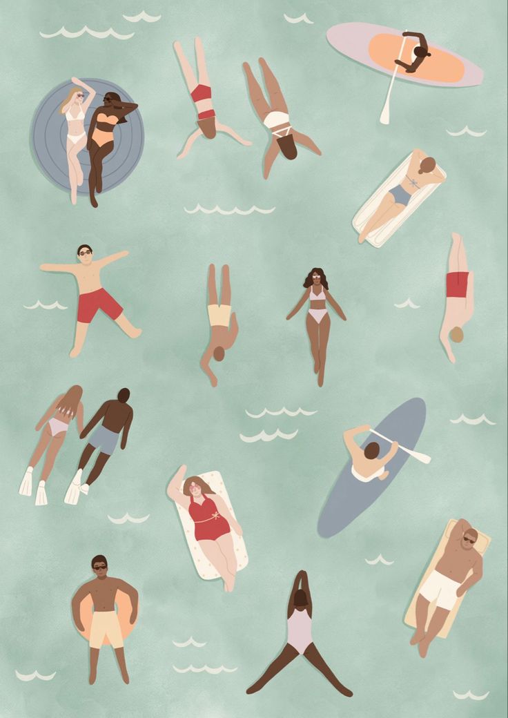 people are floating in the water on their surfboards and swimming boards, with one person wearing