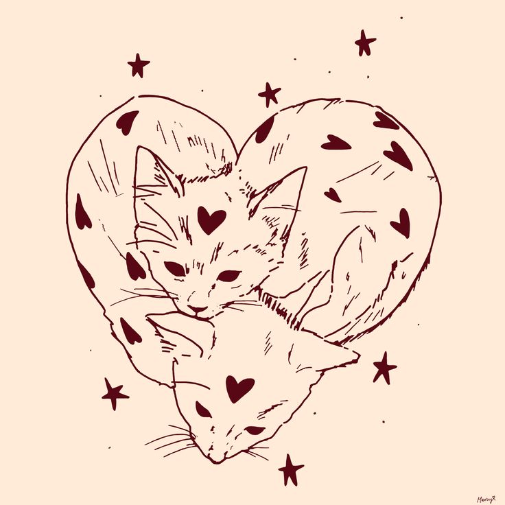 two cats in the shape of a heart with stars around it on a beige background